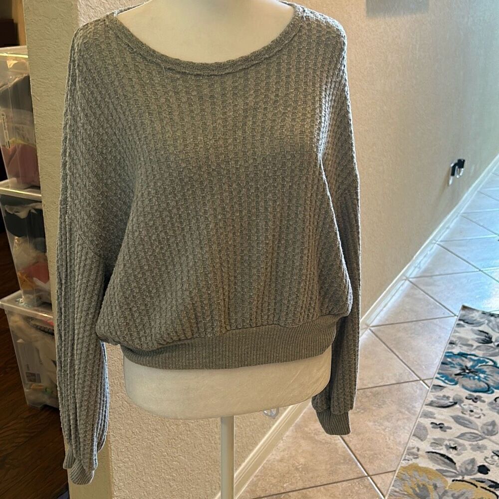 Project Social T Women's S Waffle Knit Pullover Sweater Gray Open Back Slouchy